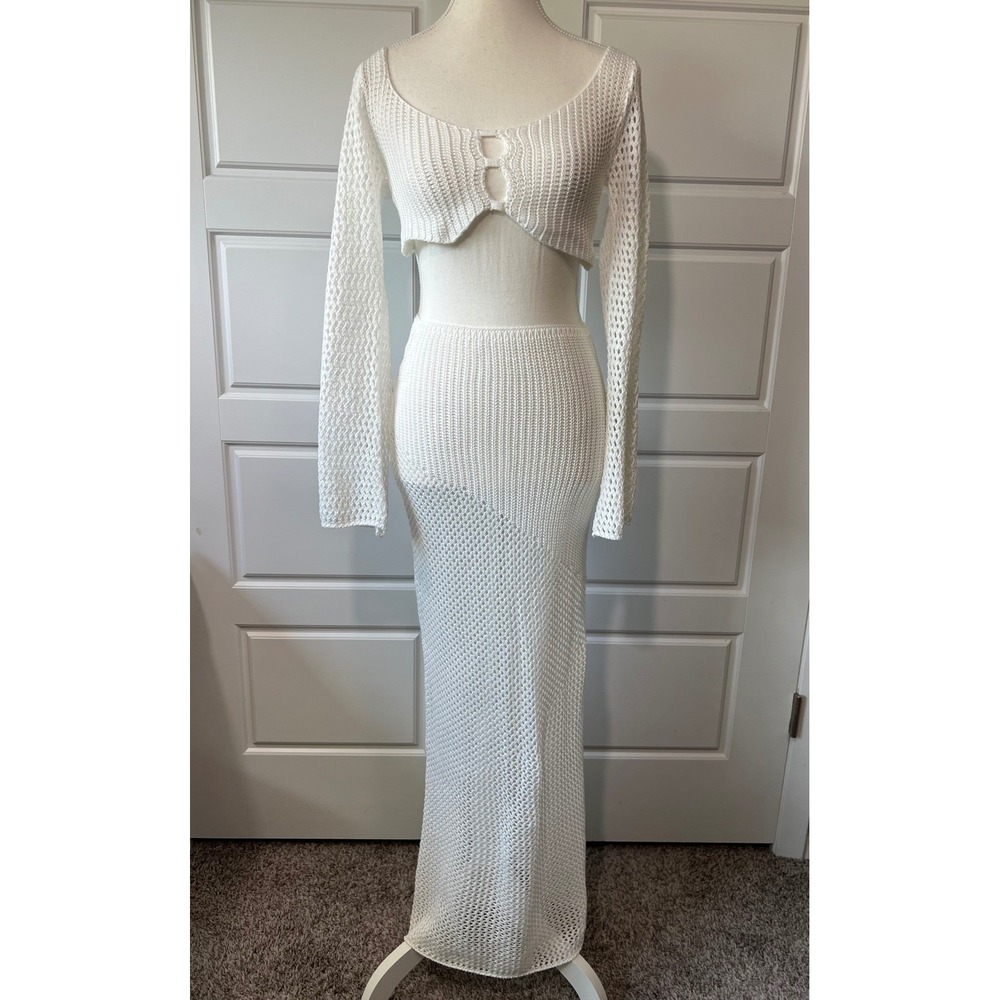 Crochet Knit Cover Up Set, Long Sleeve Crop Top‎ & Maxi Skirt, Size S
